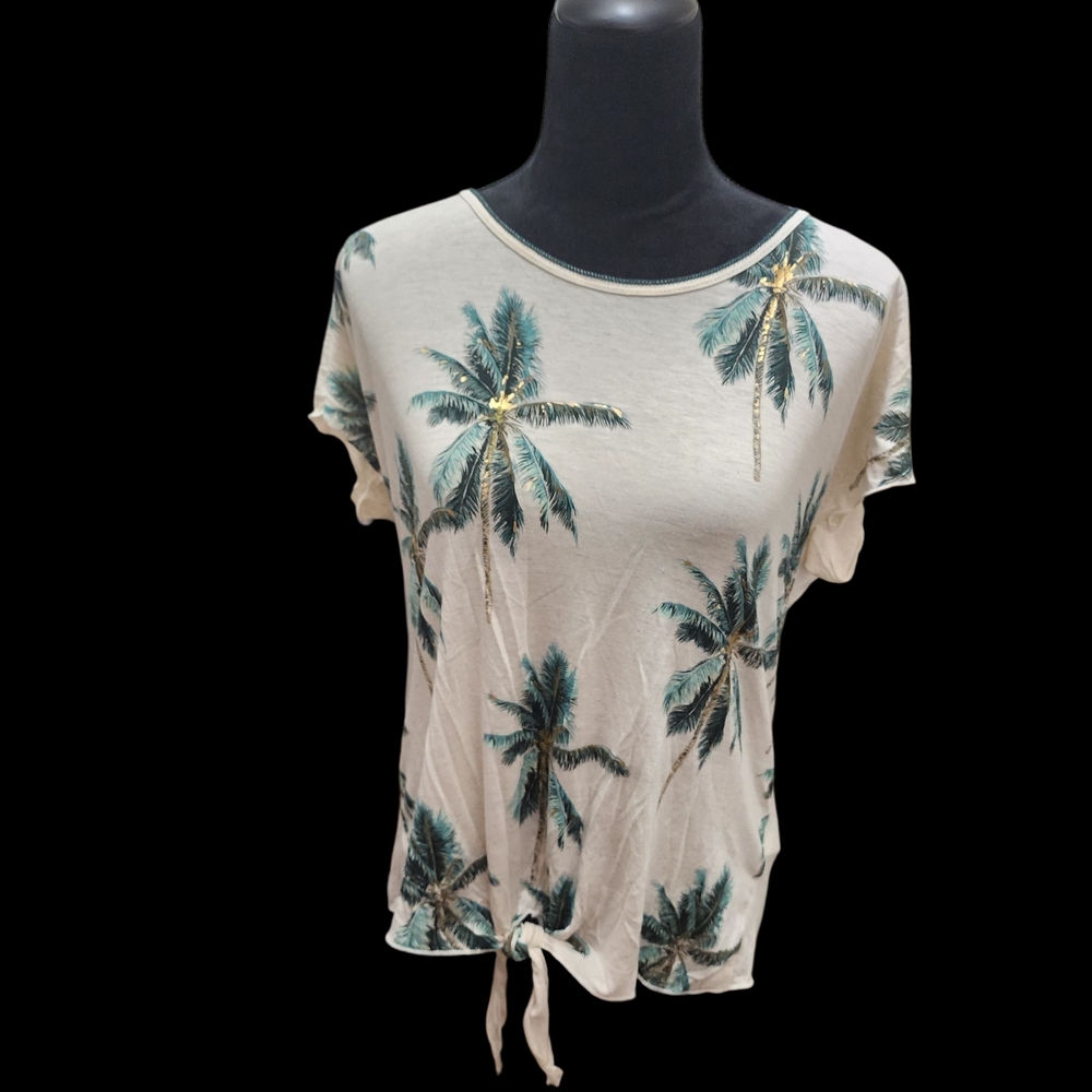 Skinny Minnie Women's. Cream Palm Print Short Sleeve Top